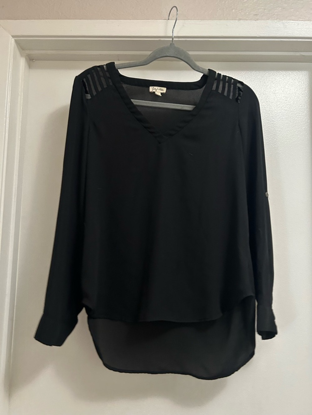 Lily White Black V-Neck Tunic with Sheer Back and Striped Shoulder Details